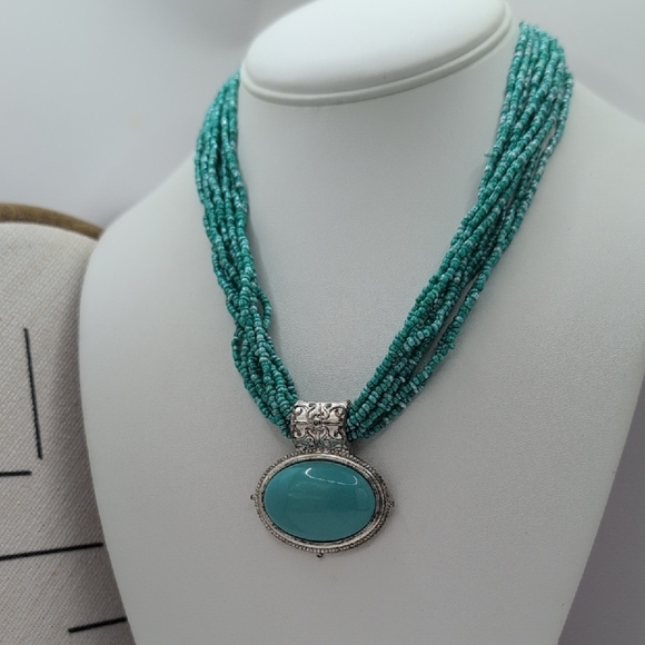 Blue and Silver Multi-Strand Necklace with Pendant - Picture 1 of 4